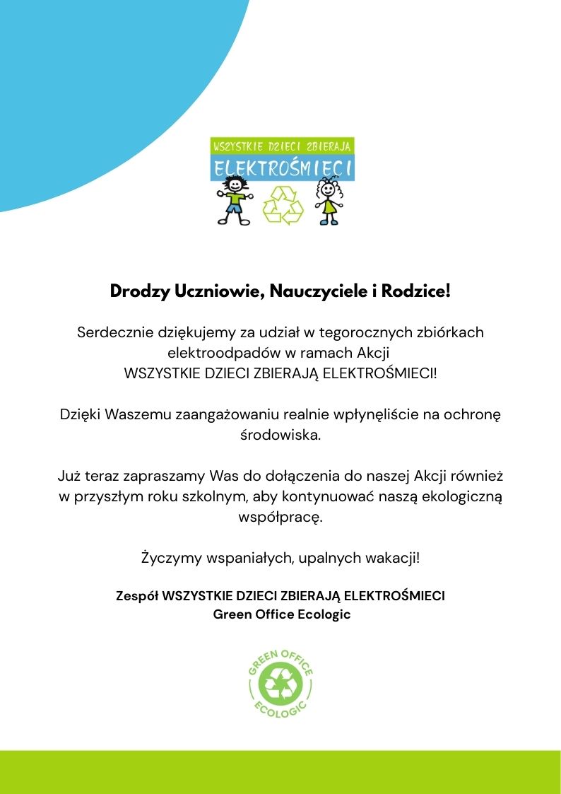 PODZIĘKOWANIE W RAMACH AKCJI – WSZYSTKIE DZIECI ZBIERAJĄ ELEKTROŚMIECI